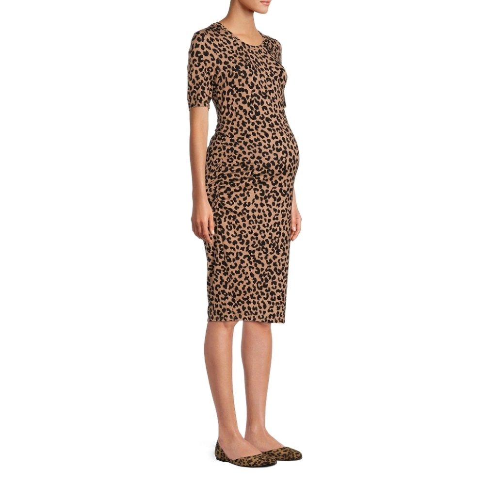 Time and Tru Women’s Size S (4-6) Maternity Ruched Dress Brown/Black Leopard